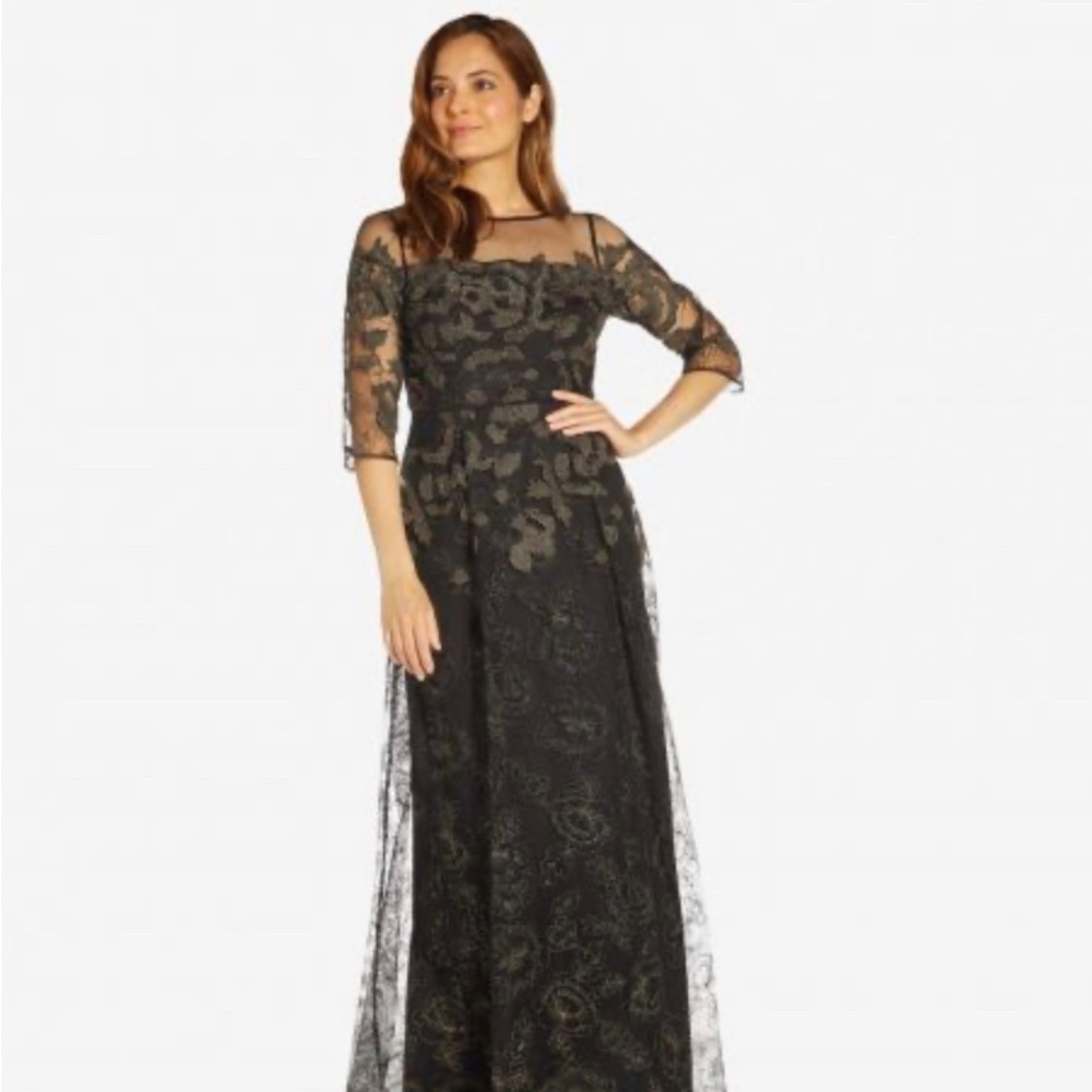 Adrianna Papell Embroidered Illusion Elbow-sleeve Gown Black and Gold Size 0